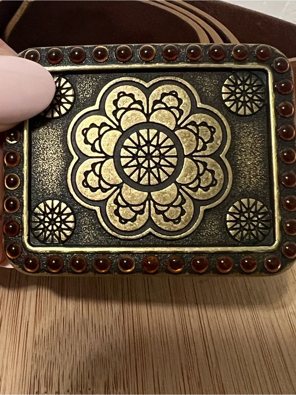 Vintage Cognac Brown Leather Belt with Antiqued Floral Buckle | Boho Western